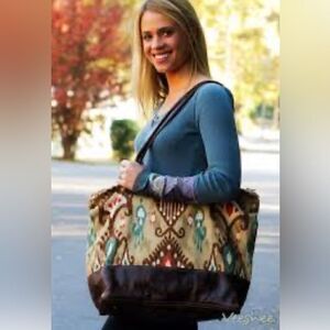 VeeShee Canvas Leather Shoulder Tote Bag Large 14" x 15" x 6" Brown/Tan Gray USA